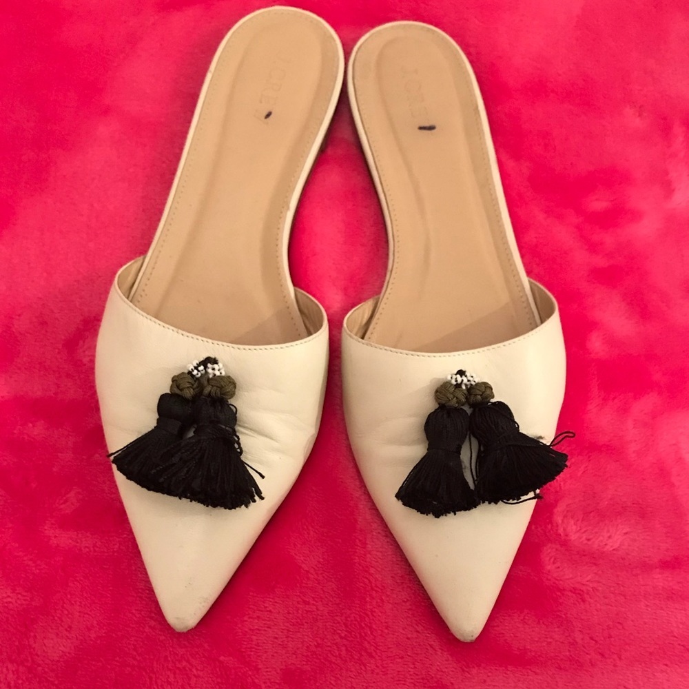 J.Crew Cream Leather Pointed Toe Mules Slides Black Tassel Flats Size 9.5